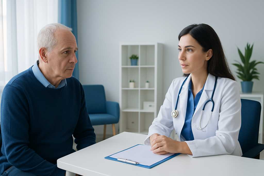 Doctor consulting with an elderly patient about cognitive health.