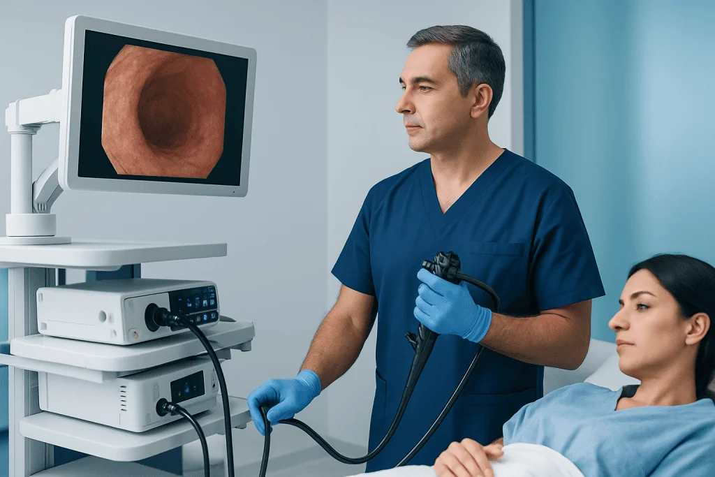 Gastroenterologist performing an endoscopy procedure in a hospital setting.