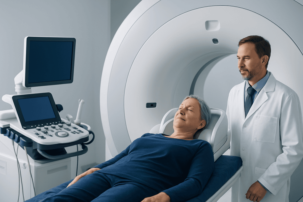 Doctor preparing elderly patient for MRI scan in hospital setting.