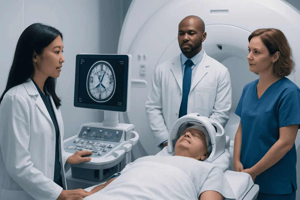 Medical team reviewing brain scan during MRI procedure at Acibadem Hospital.