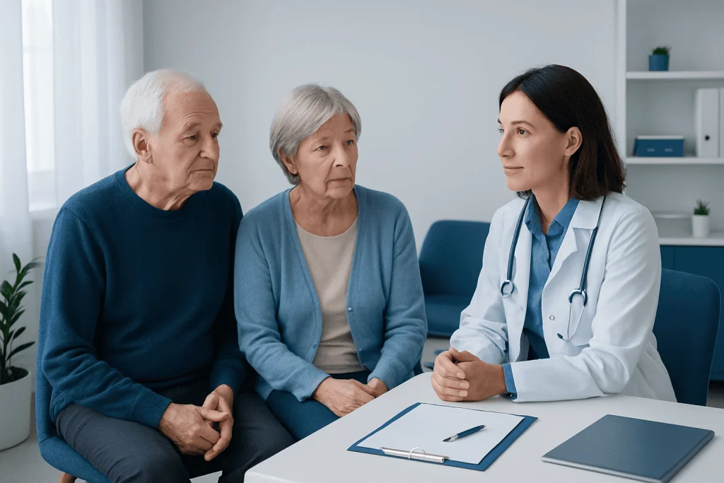 Elderly couple consulting with a doctor about health concerns.