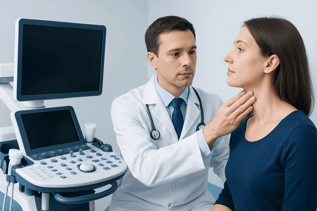 Endocrinologist examining a patient for thyroid issues in a clinical setting.