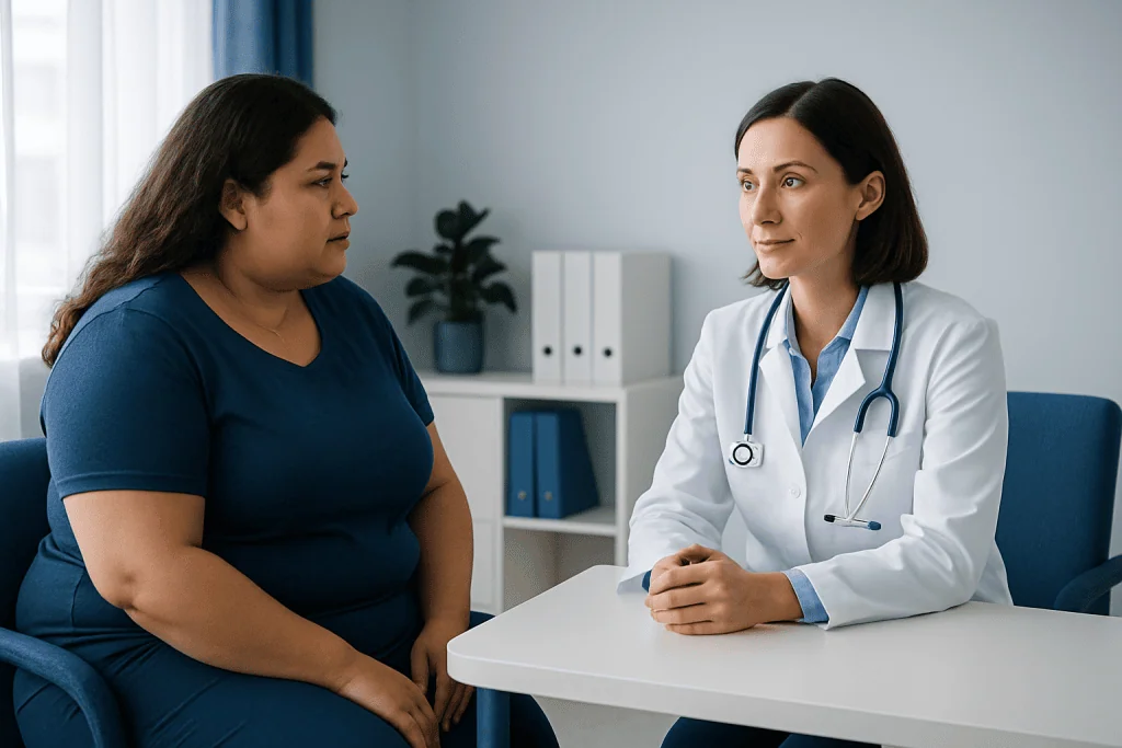 Doctor consulting with a patient about weight loss options in a medical office.