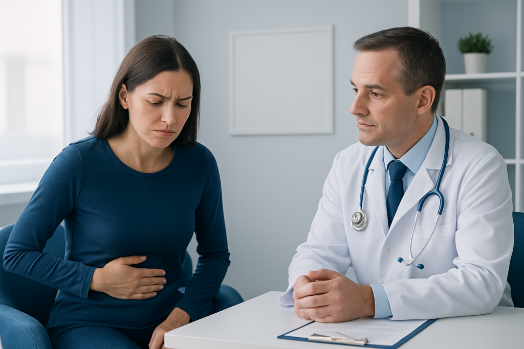 Doctor consulting with a woman experiencing stomach pain in a medical office.