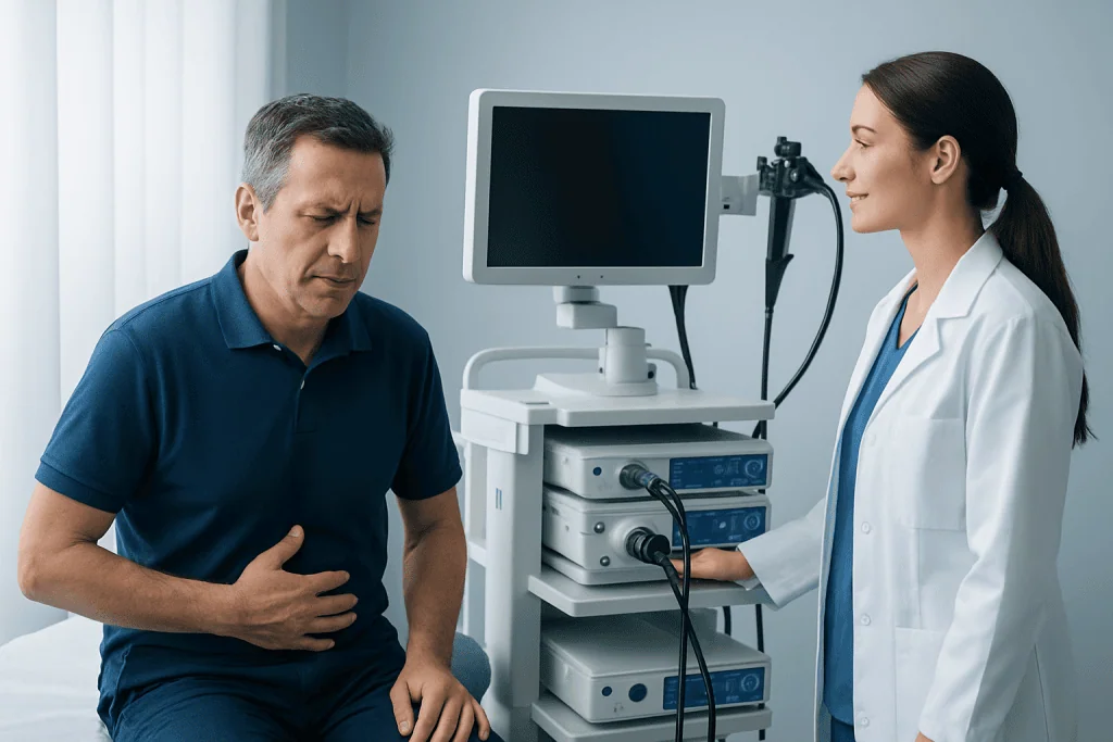 Doctor examining a patient with stomach pain in a clinical setting.