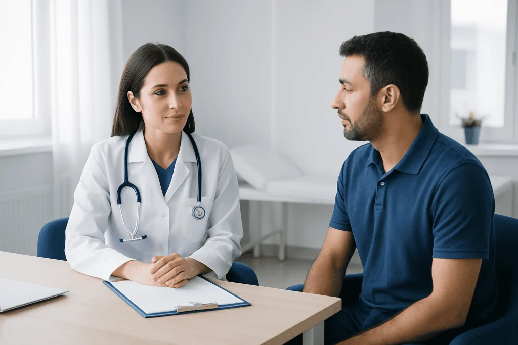 Doctor consulting male patient in a modern clinic setting.