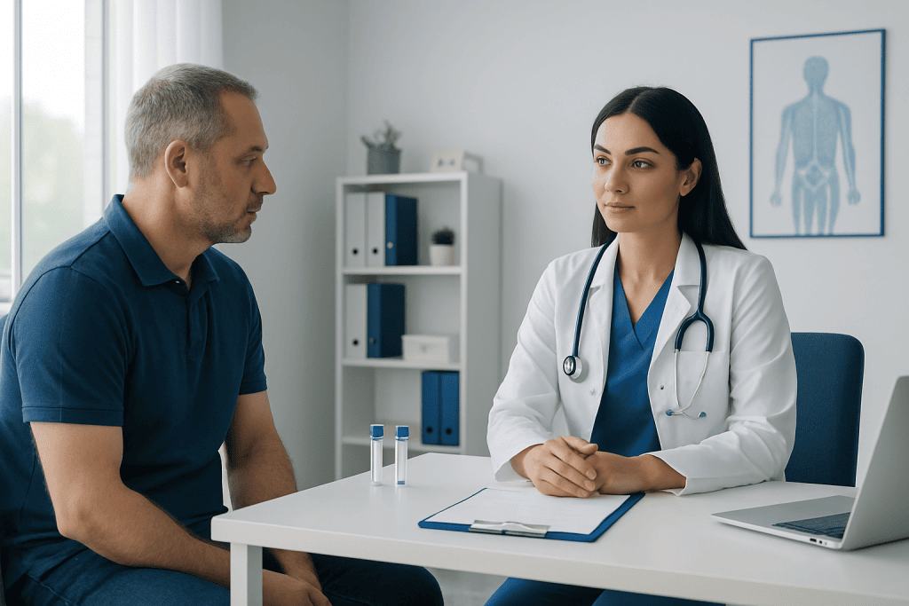 Doctor consulting with a patient in a modern medical office.