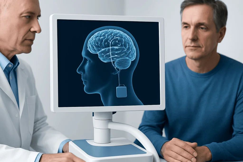 Doctor and patient discussing brain stimulation device for tremor treatment.
