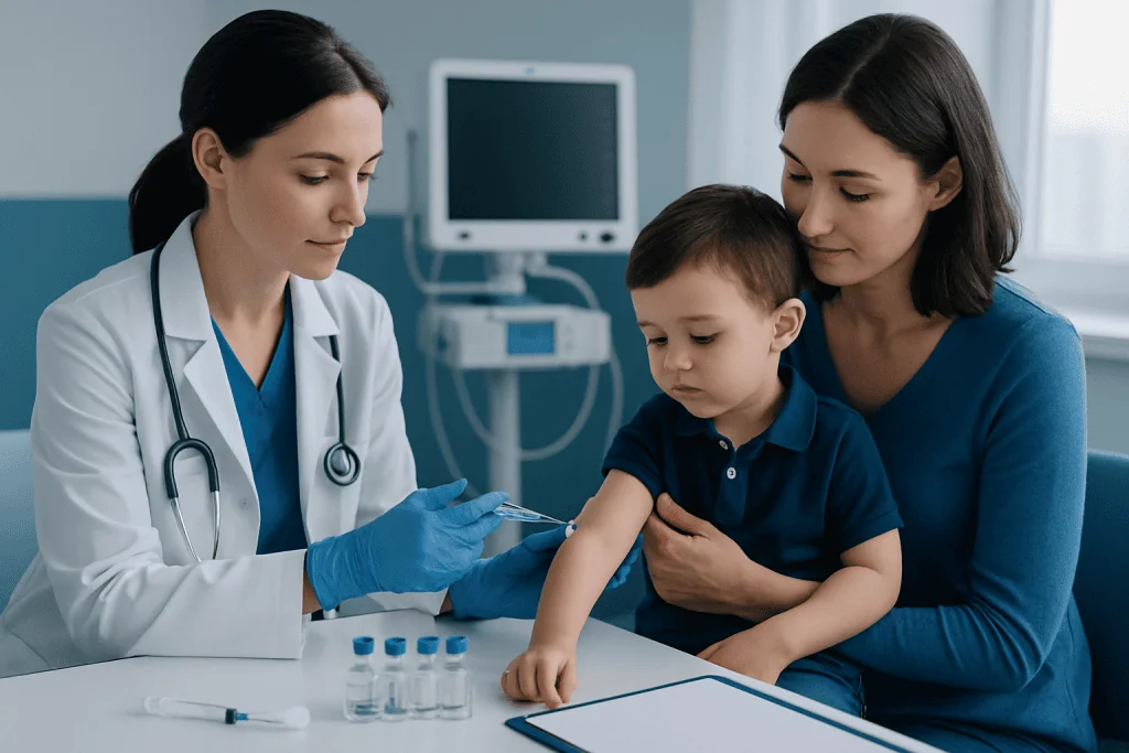 Pediatric vaccination consultation at Acibadem Hospital with doctor and mother.