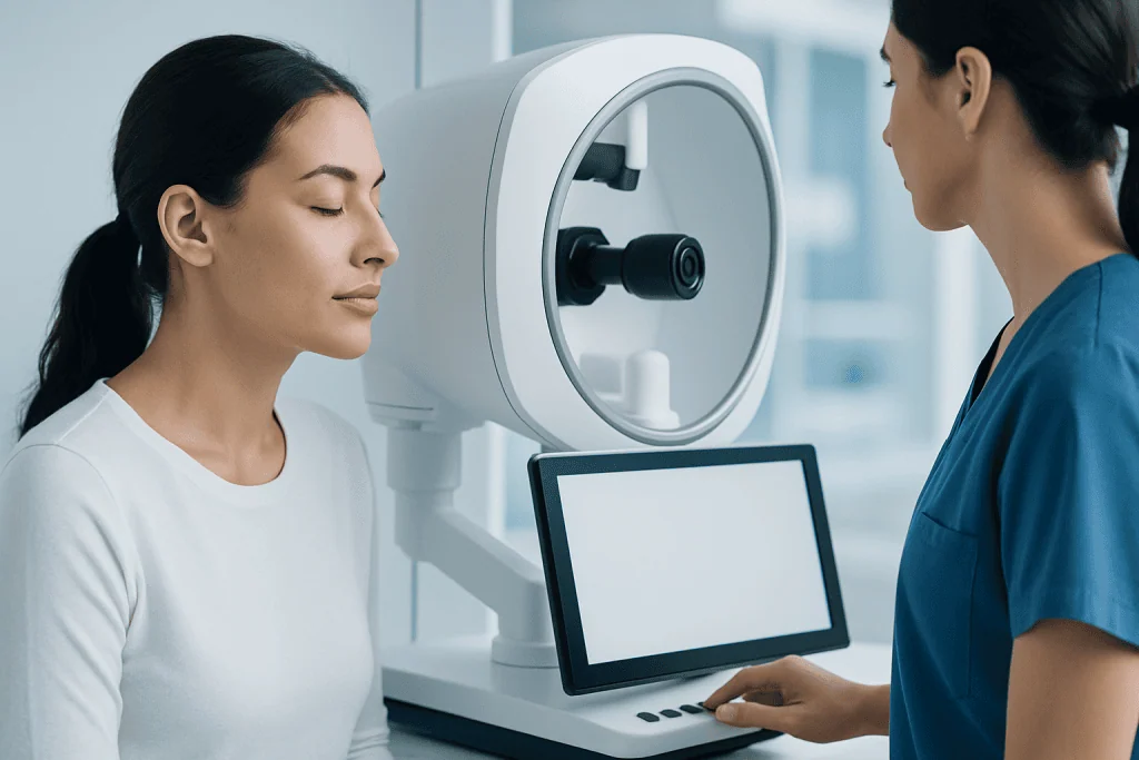 Woman undergoing eye examination with advanced medical equipment at Acibadem Hospital.