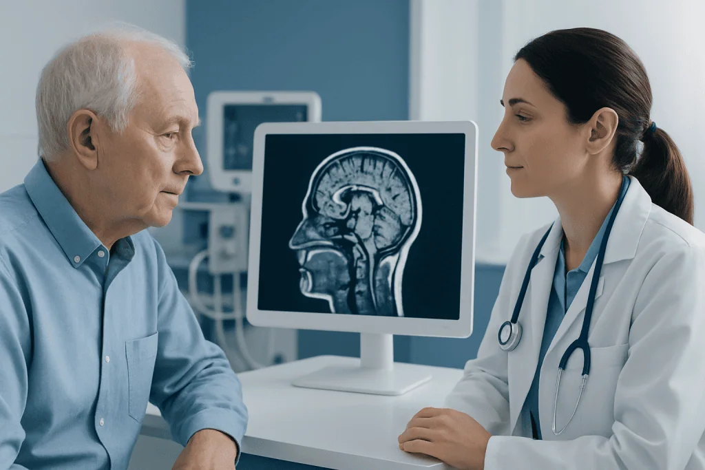 Doctor discussing brain scan with elderly patient in medical office.