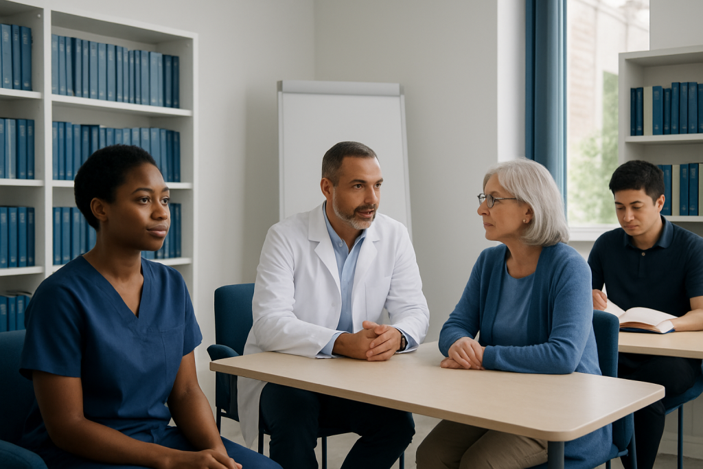 Medical professionals and patient in a healthcare consultation room.
