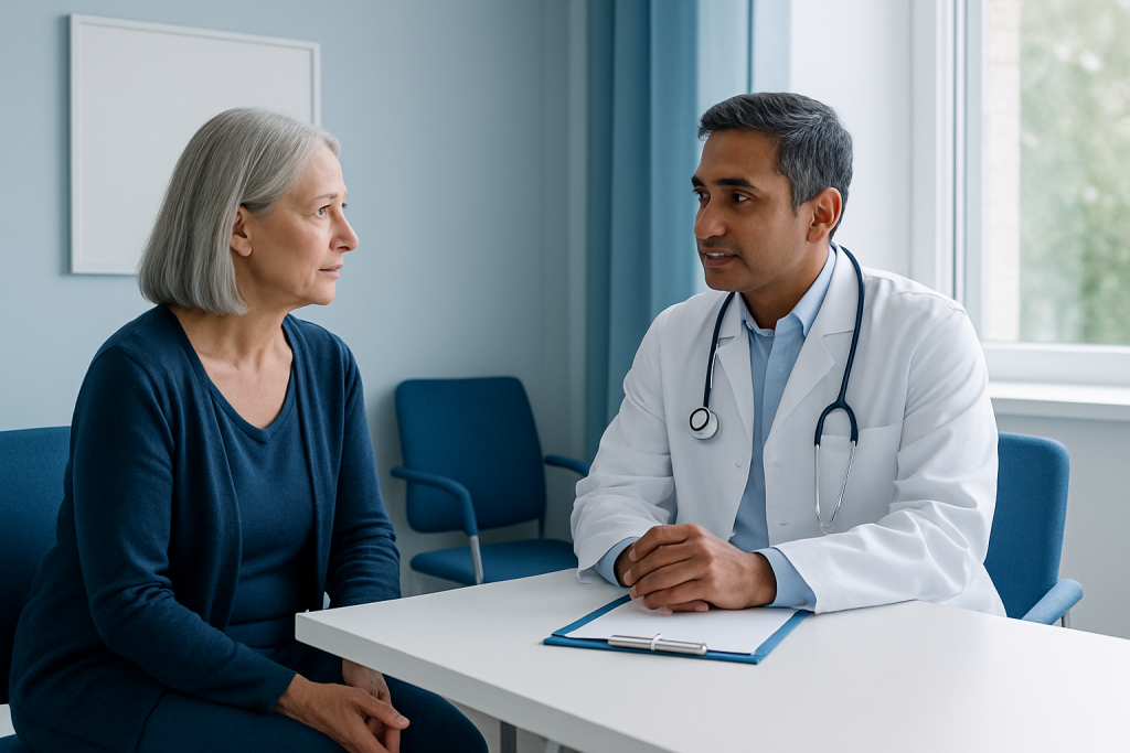 Doctor consulting with an elderly female patient in a hospital room.
