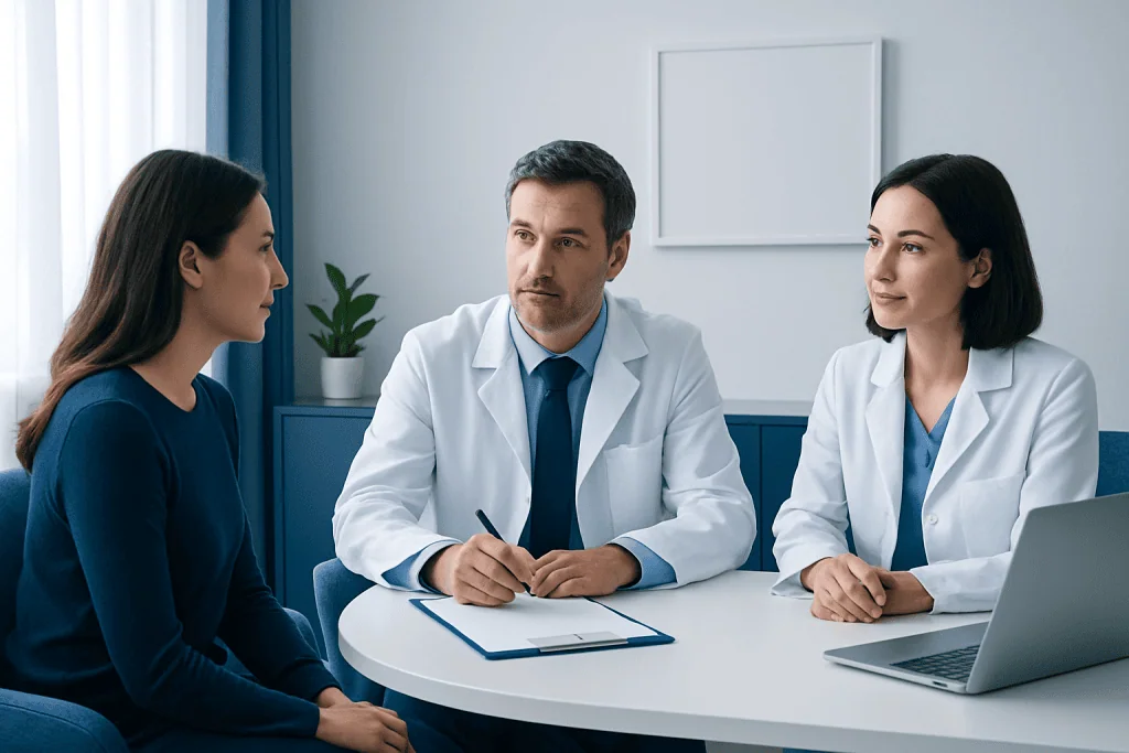 Doctor consulting with patient and nurse in a medical office.