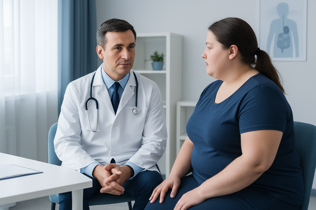 Doctor consulting a patient about bariatric treatments in a medical office.