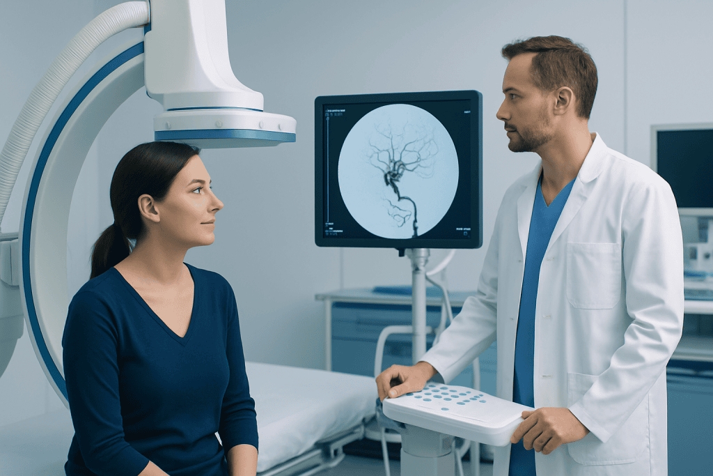 Doctor explaining brain angiogram to patient in hospital setting.