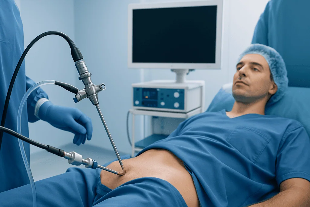 Surgeon performs hip arthroscopy on a patient in an operating room.