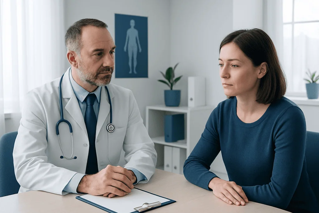 Doctor consulting with a female patient in a medical office.