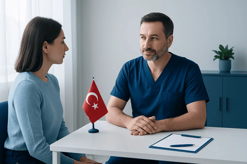 Doctor consulting with a patient in a medical office with Turkish flag.