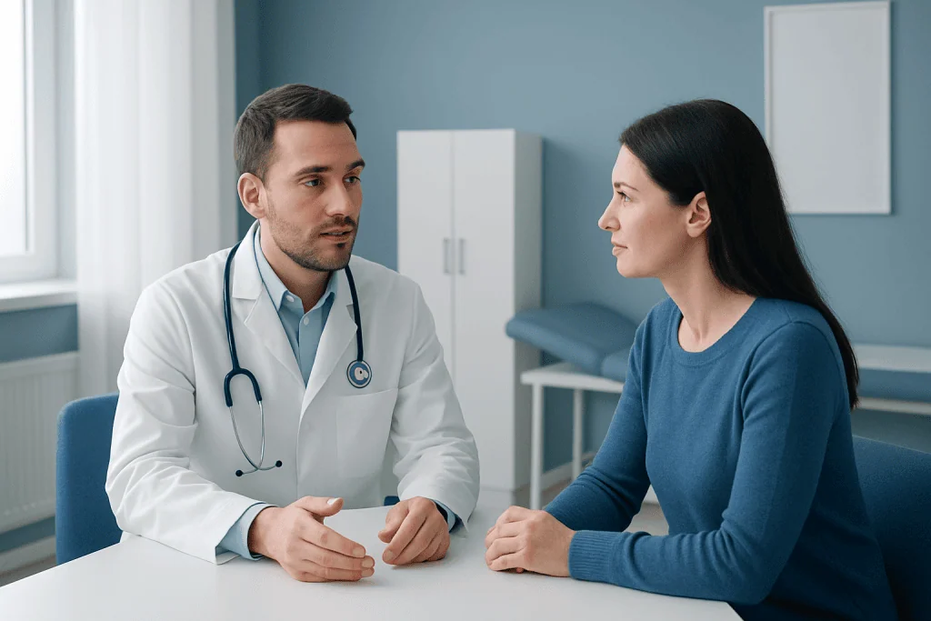 Doctor consulting with a female patient in a modern clinic setting.