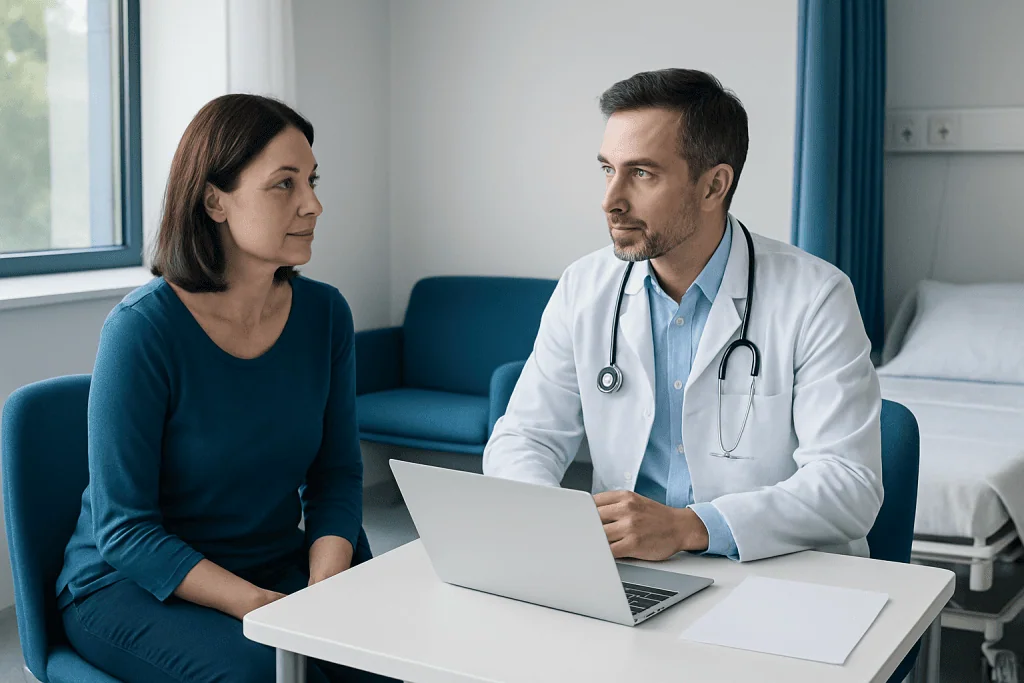 Doctor consulting with a female patient in a hospital room.