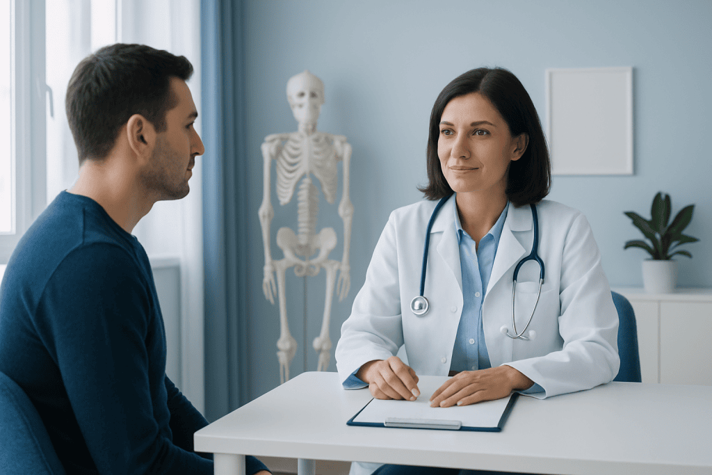Doctor consulting with a patient in a medical office with a skeleton model in the background.
