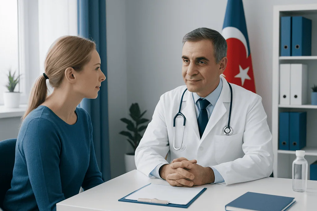 Doctor consulting with a female patient in a medical office with Turkish flag in background.