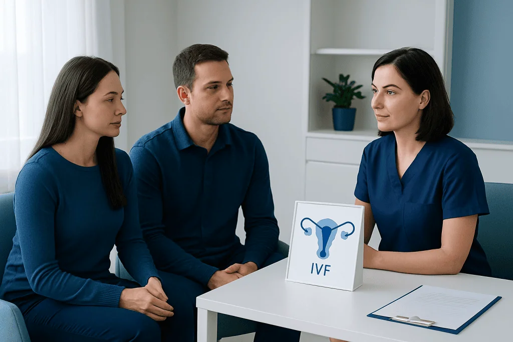 Couple consulting with fertility specialist at Acibadem Hospital in Turkey.