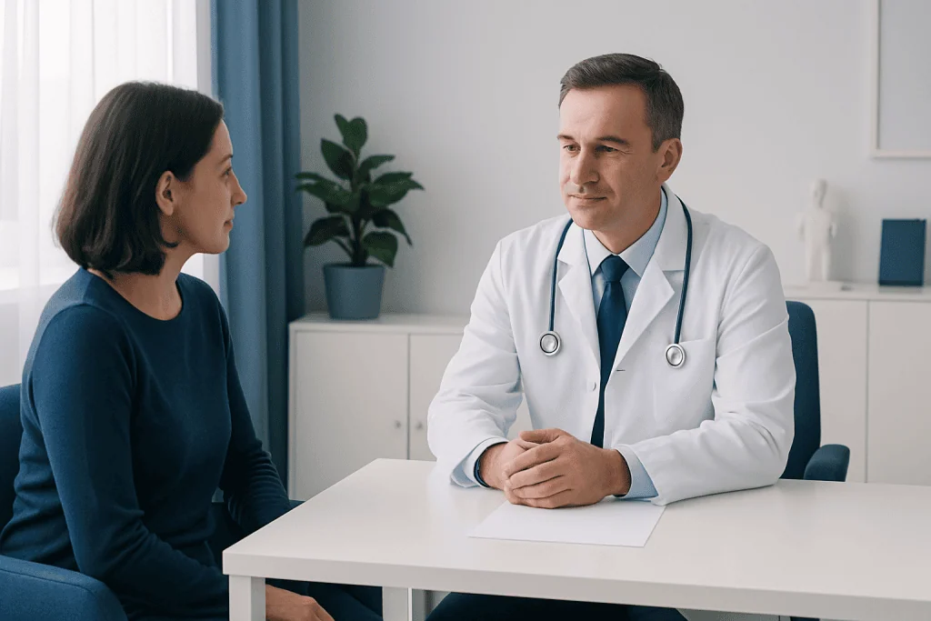 Doctor consulting with a patient in a modern medical office in Turkey.