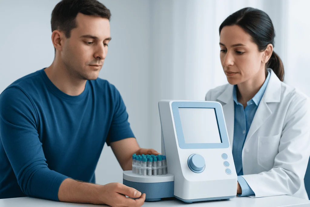 Medical professional explains allergy testing to patient with testing device.