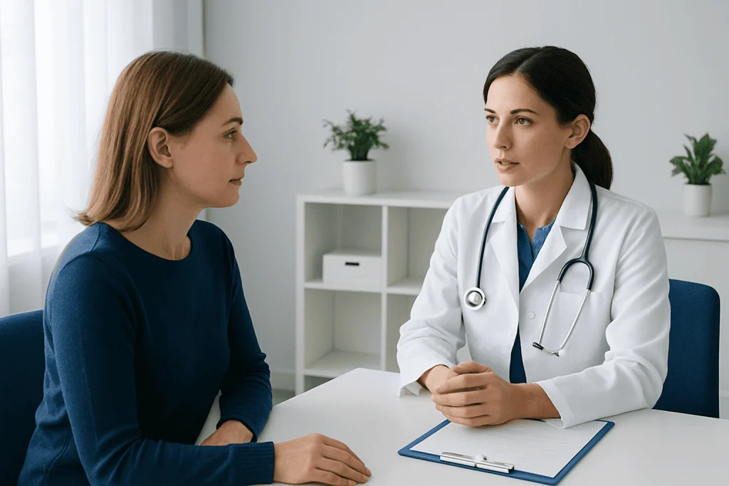 Doctor consulting with patient about brow lift and Botox options.