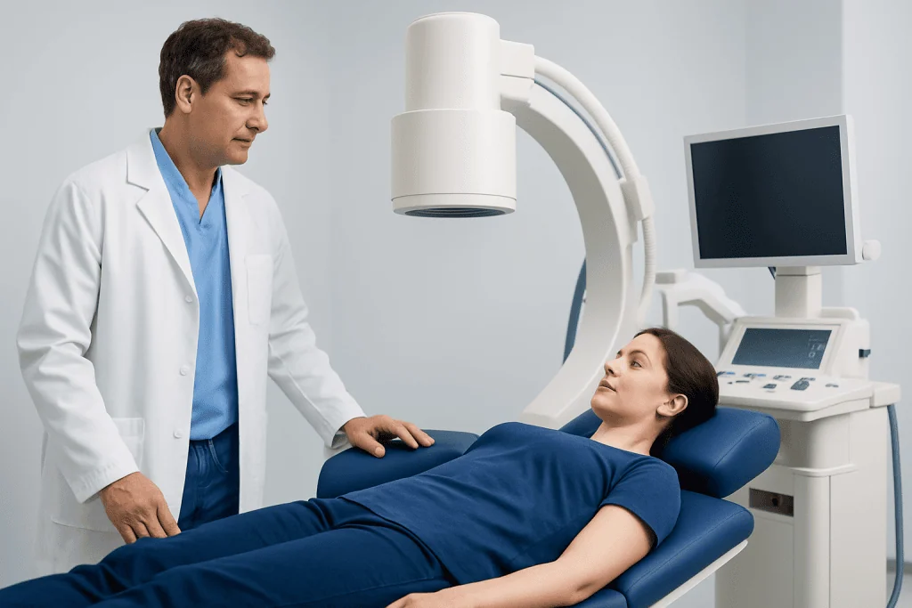 Doctor preparing patient for kidney stone treatment with ESWL device.