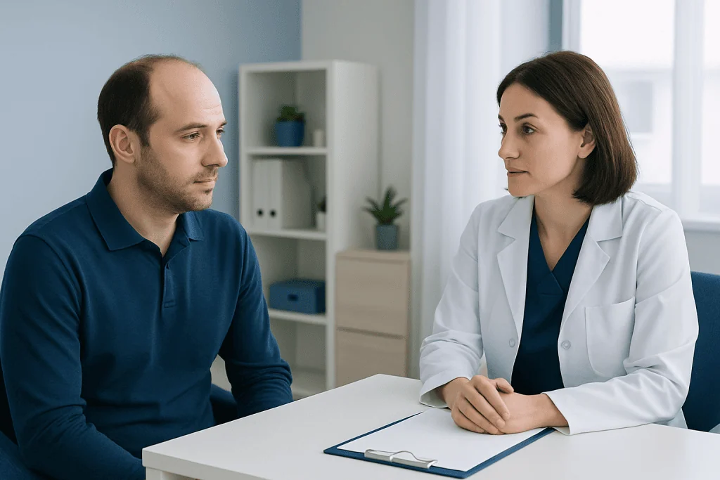 Doctor consulting with male patient in a medical office setting.
