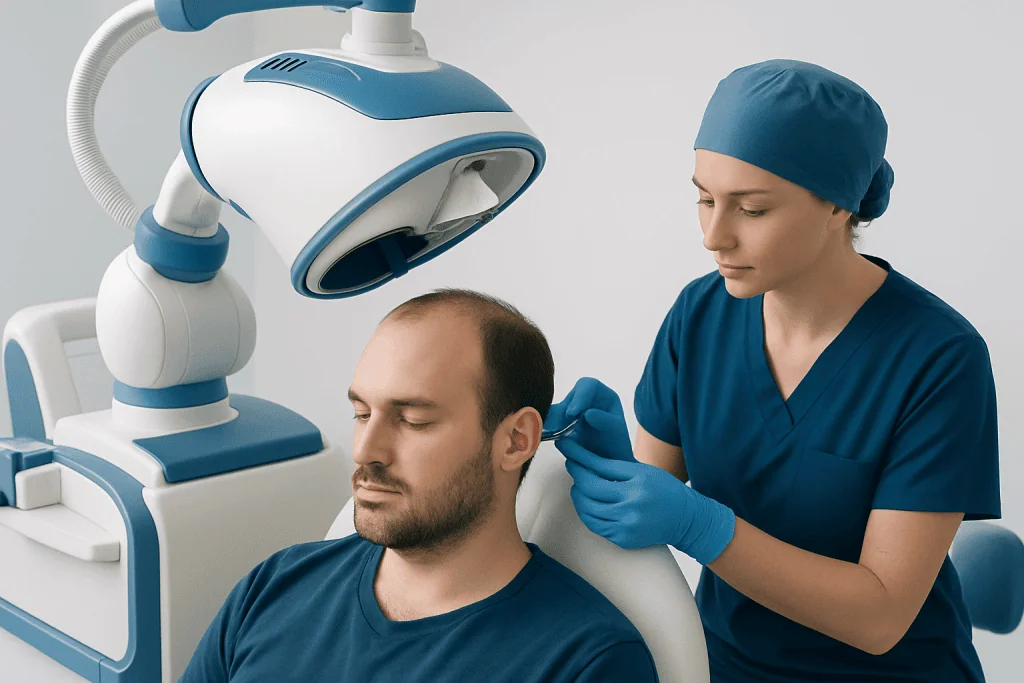 Medical professional performing hair transplant with advanced equipment at Acibadem Hospital.