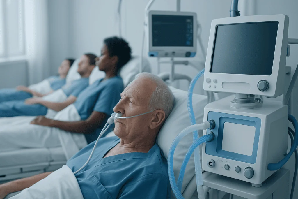 Elderly patient in hospital bed with ventilator and medical monitors.