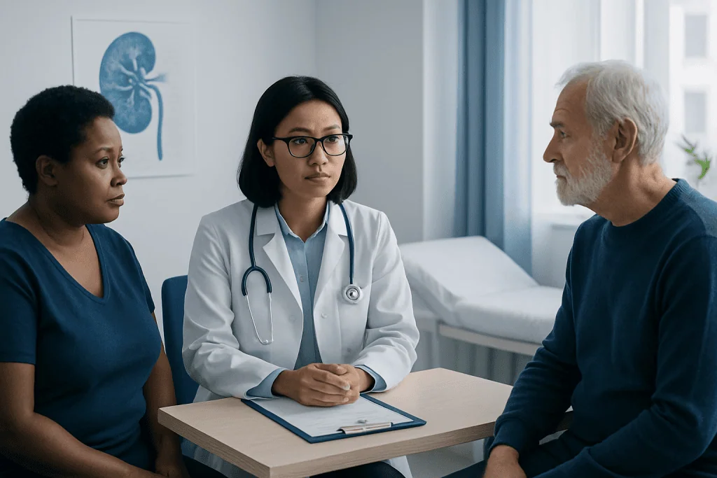 Doctor discussing kidney health with patients in a medical consultation room.