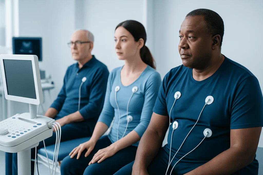 Patients undergoing cardiac screening with ECG in a medical clinic.