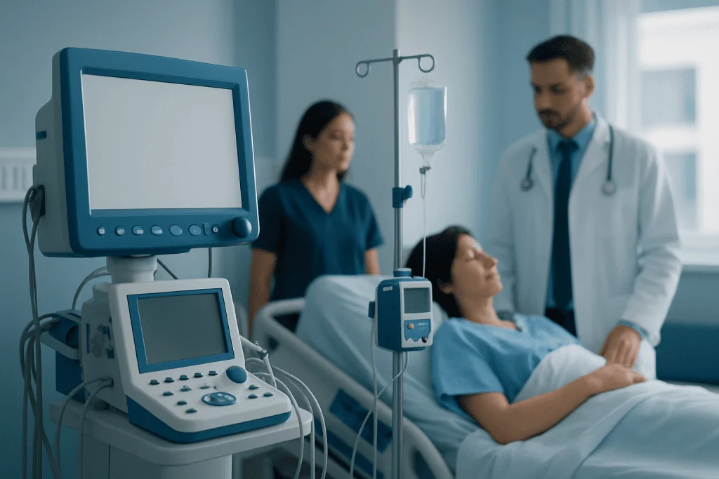 Hospital room with medical equipment and healthcare professionals attending a patient.