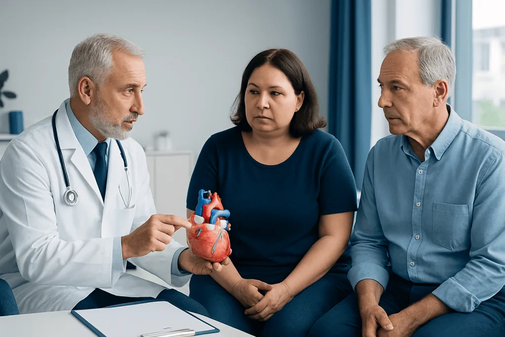 Cardiologist explaining heart health to patients in a consultation room.