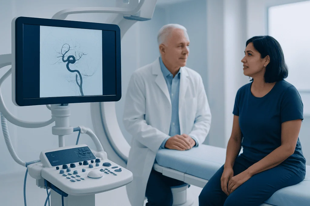 Doctor explaining brain aneurysm treatment to patient in hospital.