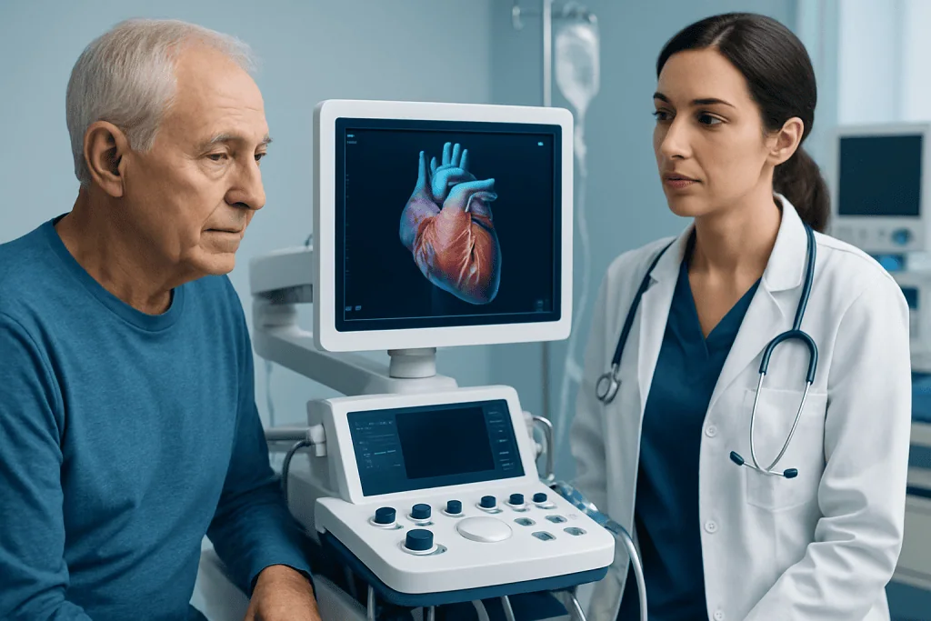 Doctor explains heart health to an elderly patient using ultrasound imaging.