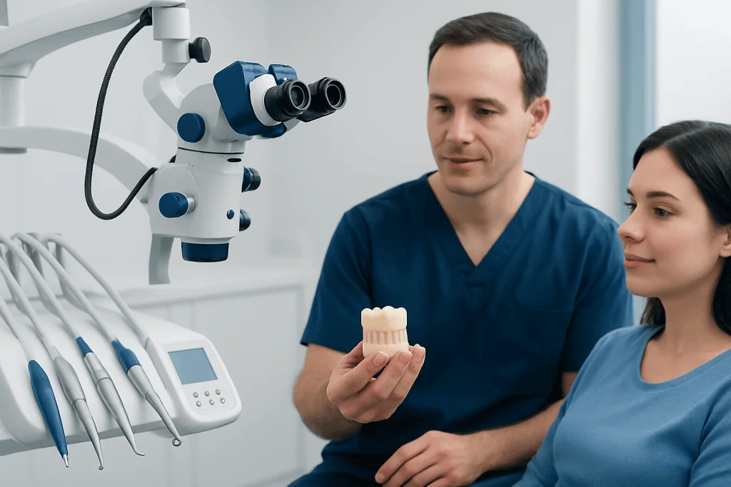 Dentist showing dental crown model to patient in clinic.