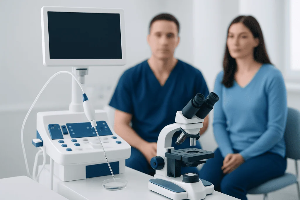 Medical professionals with ultrasound and microscope in fertility clinic.