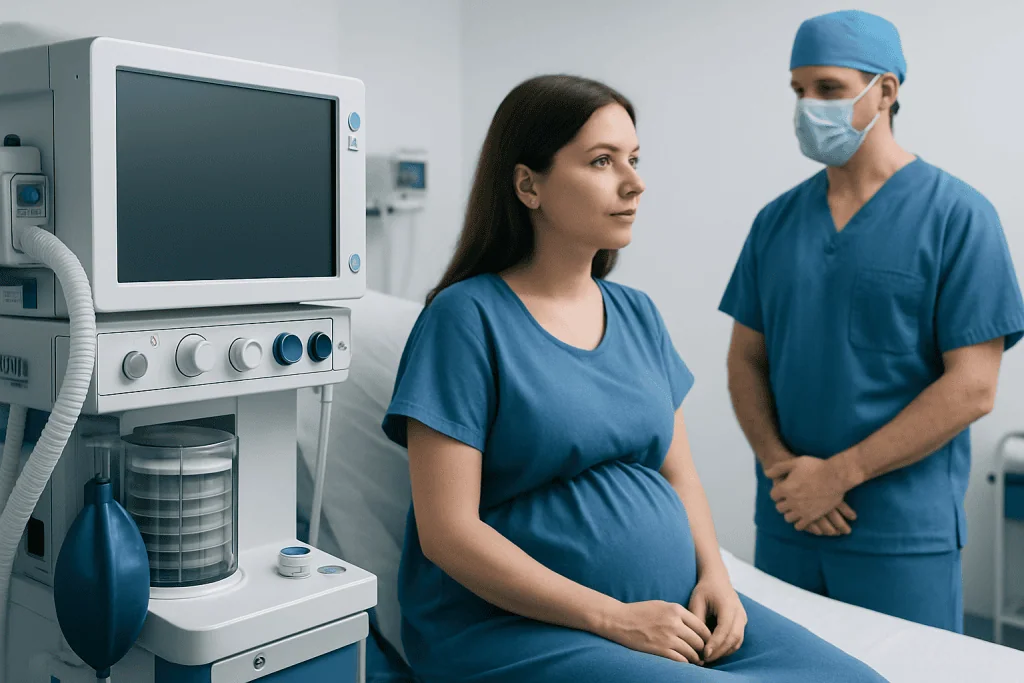 Pregnant woman in hospital with medical staff and ultrasound equipment.