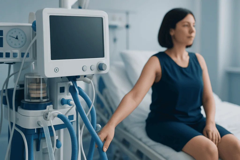 Patient in hospital bed with medical monitor and equipment nearby.