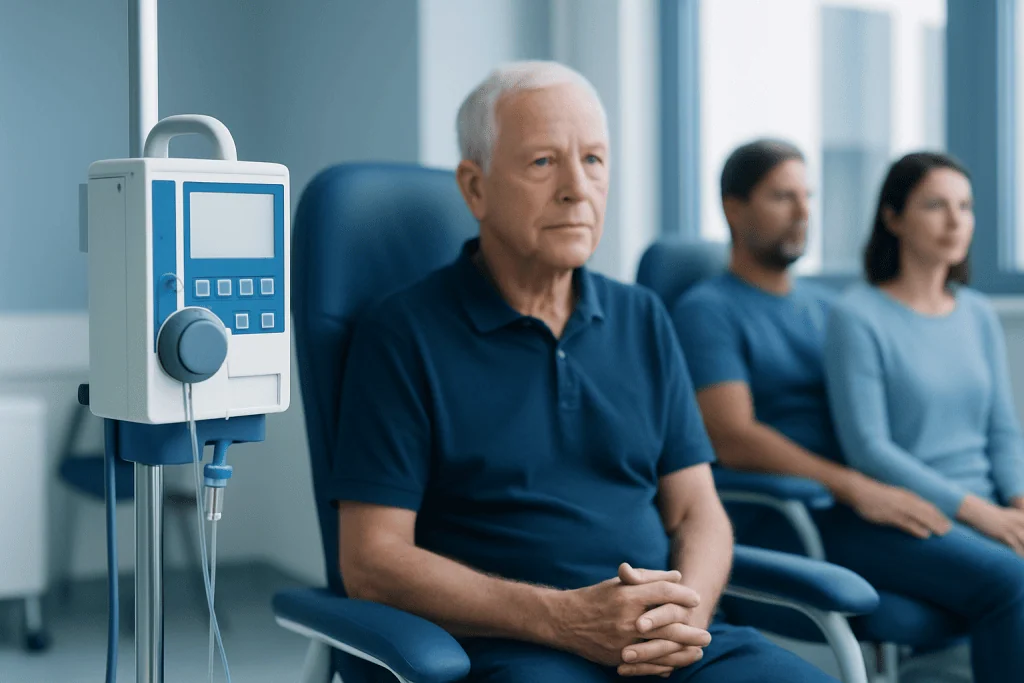 Elderly man in a hospital waiting room with IV equipment nearby.