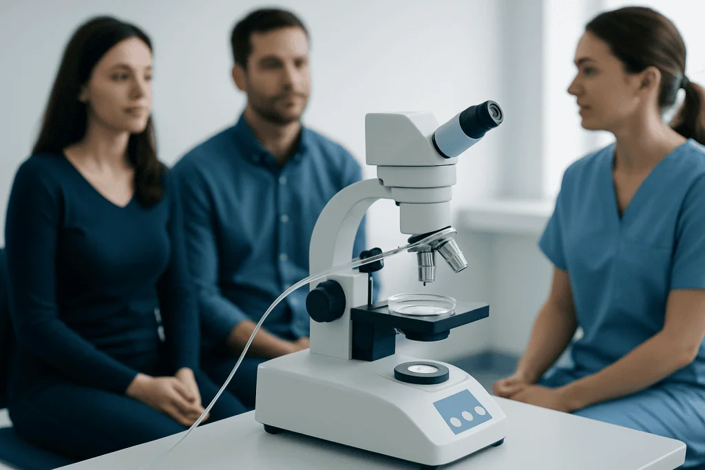 Medical professionals discussing in a fertility clinic with a microscope.