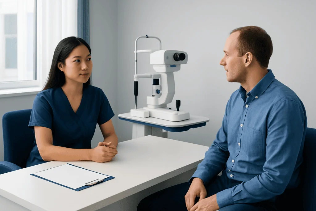 Patient consulting with ophthalmologist in a modern clinic setting.