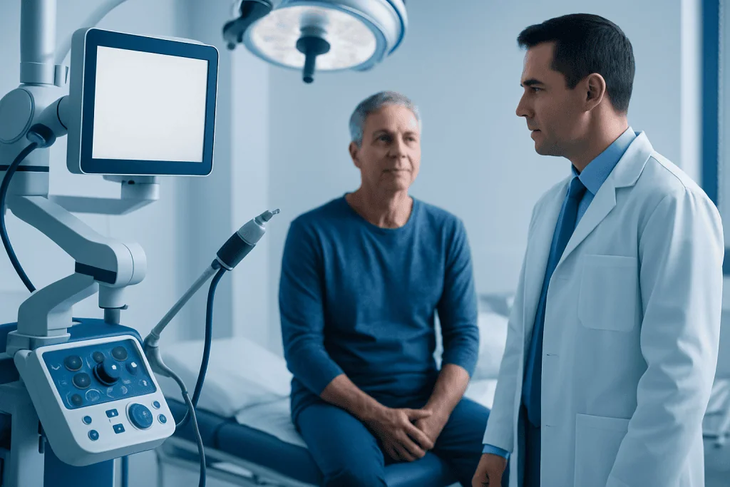 Doctor consulting with patient in hospital room with medical equipment.