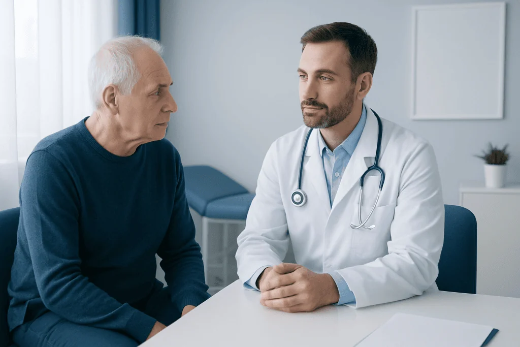 Doctor consulting with elderly patient in a medical office.